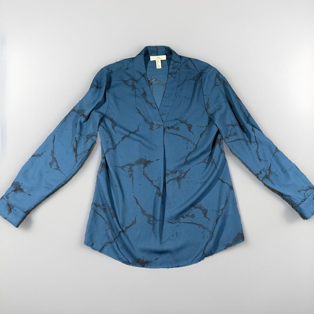 Halston XS Popover Tunic Blouse Teal Marble Classic Workwear Dressy V Neck